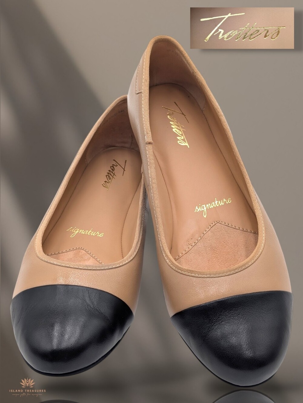 Trotters Signature Clara Sz 8.5W Leather Ballet Flat Taube/Blk Two Toned Cap Toe